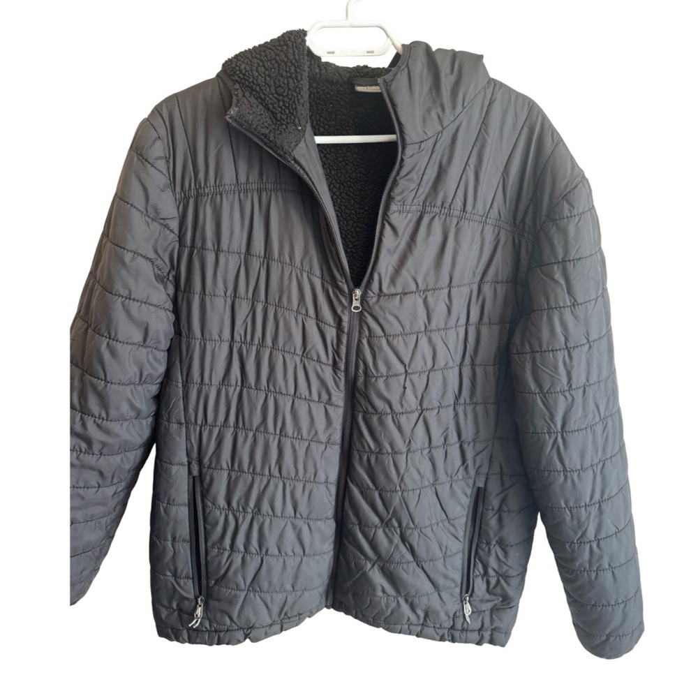 New Balance Puffer Jacket Mens Medium Black Hooded Full Zipper Long Sleeve
